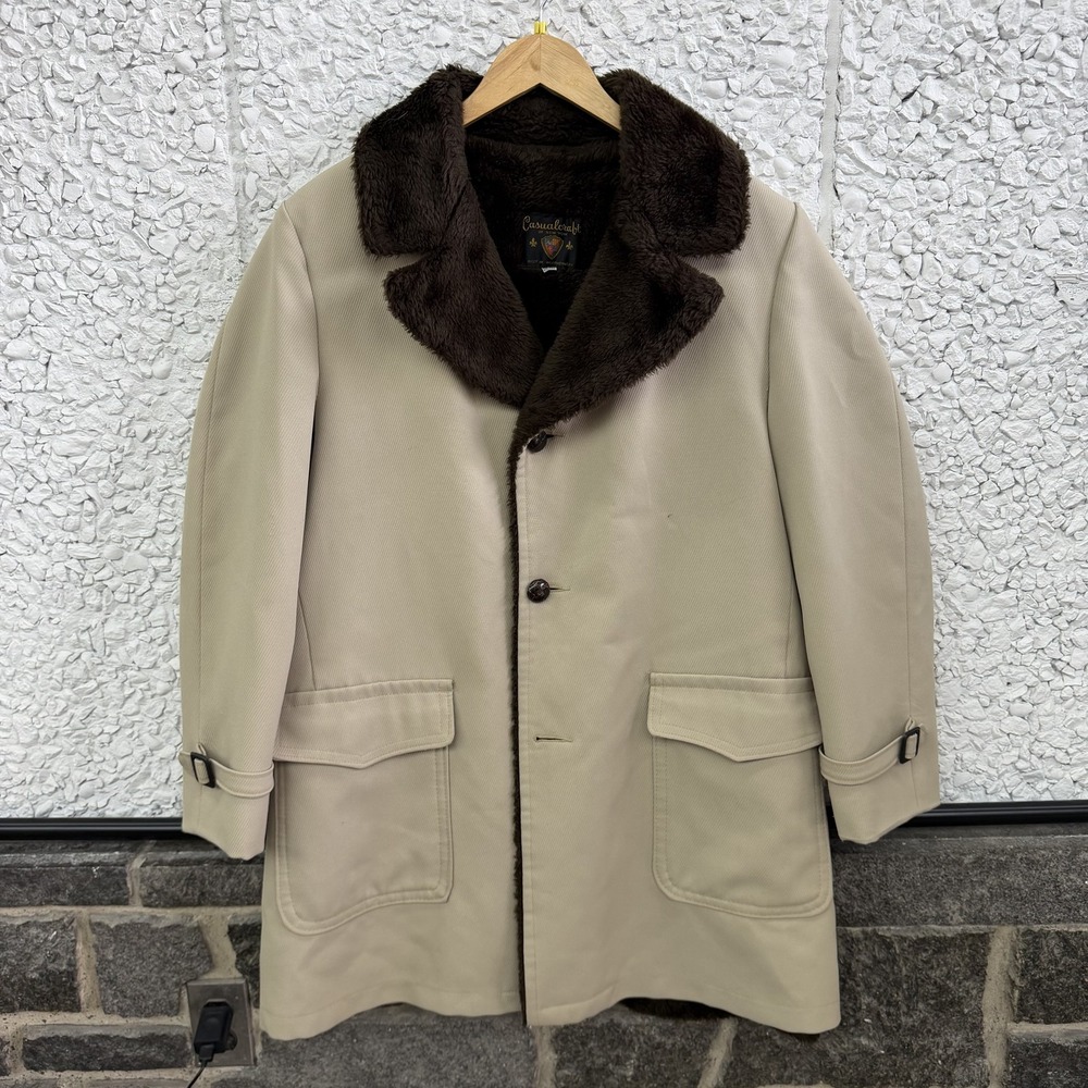 Vintage Casualcraft New York Overcoat Mens 42 Beige Twill Faux Borg Pile Lined